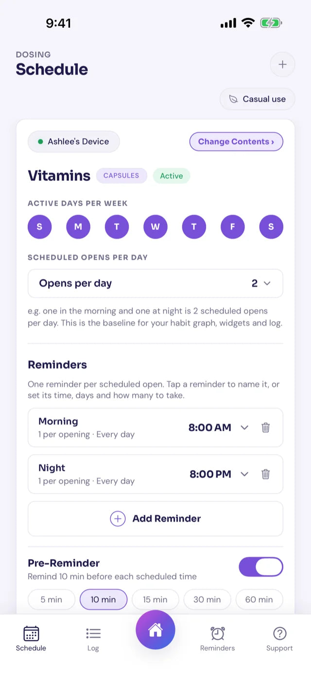 Schedule in the DOSE app: a Casual use switch, active days, opens per day, and morning and night reminders